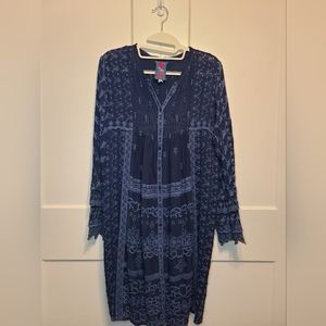 Johnny Was Blue Embroidered Eyelet Button Down Dress